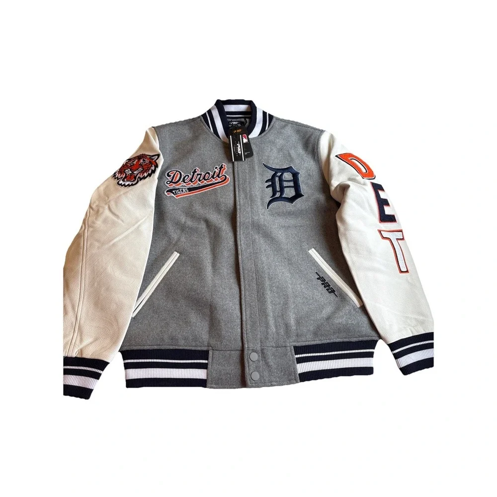 MLB Detroit Tigers Retro Classic Men's Rib Grey Wool Varsity Jacket Sz LARGE NWT
